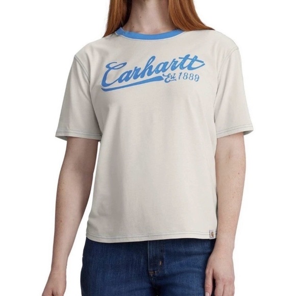 Carhartt Tops - Carhartt Women’s Cream Tee with Blue Logo Loose fit